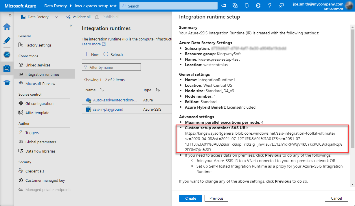 Create a new SSIS IR Instance - Custom Setup Container - Final Review